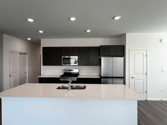 kitchen with appliances with stainless steel finishes, a sink, dark wood-type flooring, and recessed lighting