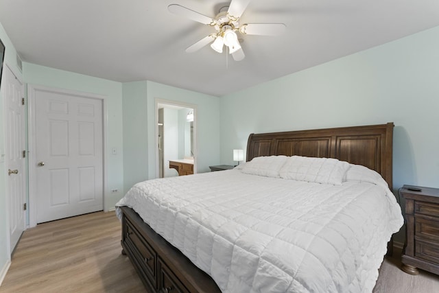 bedroom with ceiling fan and light wood-style flooring