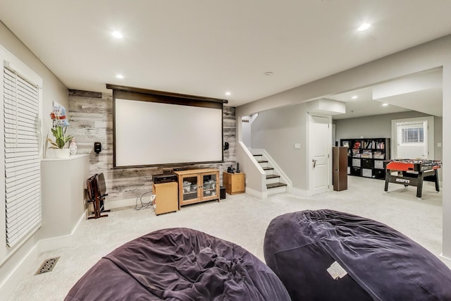cinema room with carpet, recessed lighting, and baseboards