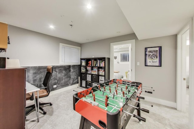 playroom featuring carpet flooring, baseboards, a desk, and recessed lighting