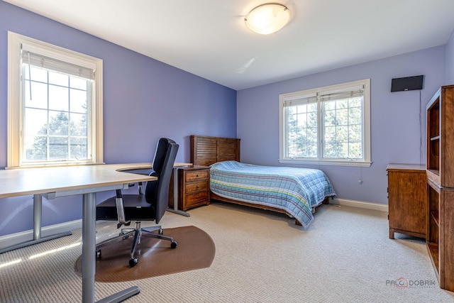 bedroom with baseboards and light colored carpet