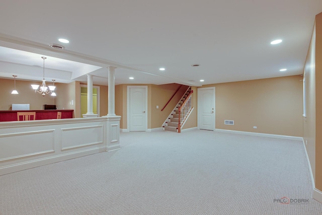 below grade area with recessed lighting, baseboards, and light carpet