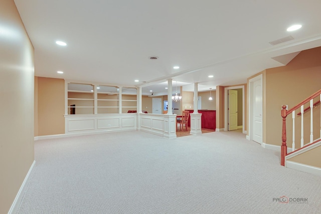 interior space with visible vents, recessed lighting, stairs, and light colored carpet
