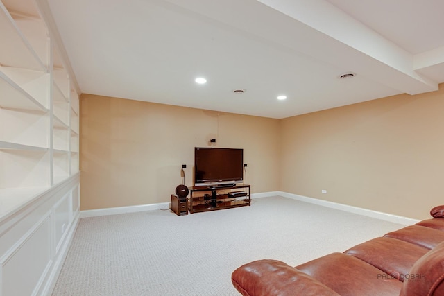 carpeted living area with recessed lighting, baseboards, and visible vents
