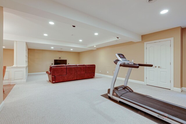 workout area with recessed lighting and carpet