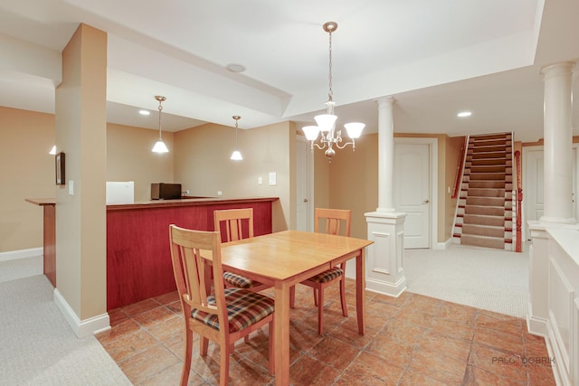 dining space with light colored carpet, stairs, recessed lighting, baseboards, and decorative columns