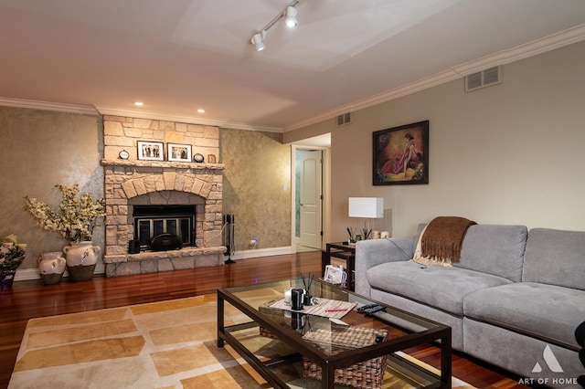 11012 S Theresa Cir Unit 3C, Palos Hills, IL 60465 - living area featuring track lighting, wood finished floors, visible vents, and ornamental molding