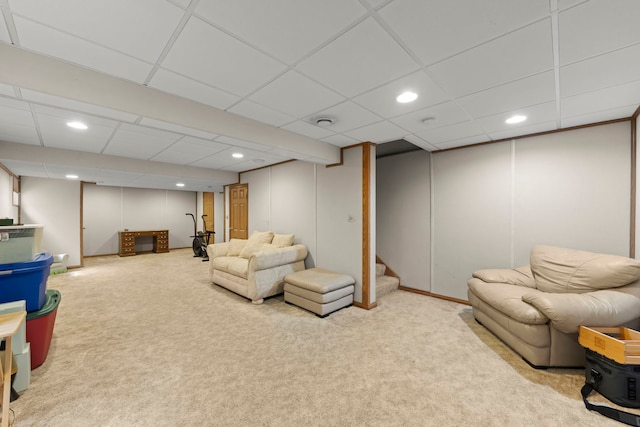 living room with carpet, a paneled ceiling, stairway, and recessed lighting