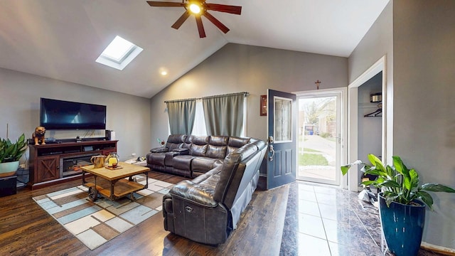 8129 45th Pl, Lyons, IL 60534 - living room with a ceiling fan, wood finished floors, and lofted ceiling with skylight