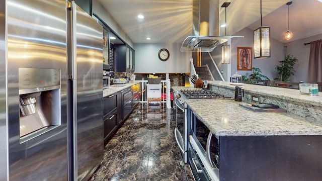 8129 45th Pl, Lyons, IL 60534 - kitchen with island range hood, marble finish floor, appliances with stainless steel finishes, light stone countertops, and recessed lighting