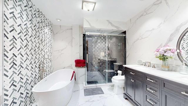 8129 45th Pl, Lyons, IL 60534 - full bath featuring a freestanding tub, stone wall, tile walls, marble finish floor, and toilet