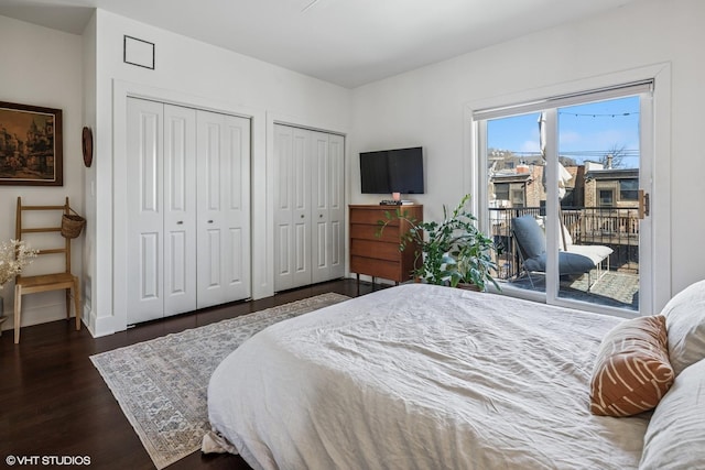 bedroom with baseboards, two closets, wood finished floors, and access to exterior