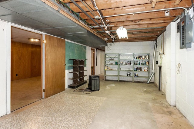 unfinished basement with concrete block wall and electric panel