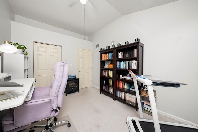office area featuring vaulted ceiling, ceiling fan, light colored carpet, baseboards, and visible vents