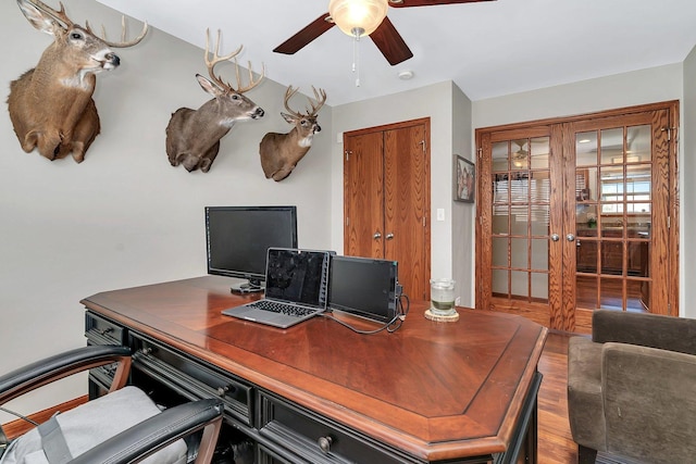 1035 Heritage Dr, Diamond, IL 60416 - office space featuring french doors, ceiling fan, and wood finished floors