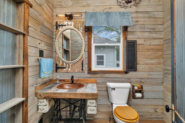 112 W 1st St, Streator, IL 61364 - half bath featuring wood walls, toilet, and a sink
