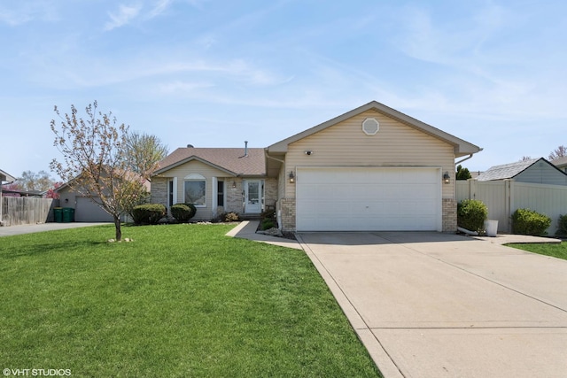 ranch-style house featuring driveway, fence, a front lawn, brick siding, and a garage