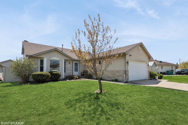 ranch-style house featuring driveway, a shingled roof, a front yard, brick siding, and a garage