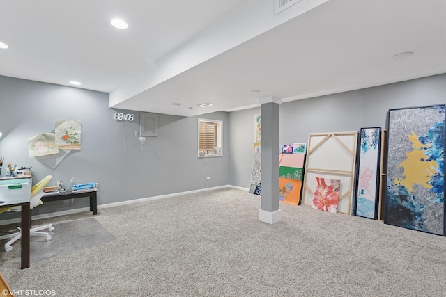 playroom with visible vents, recessed lighting, carpet flooring, and baseboards
