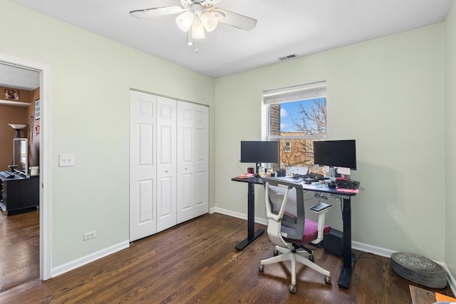 office featuring ceiling fan, baseboards, wood finished floors, and visible vents