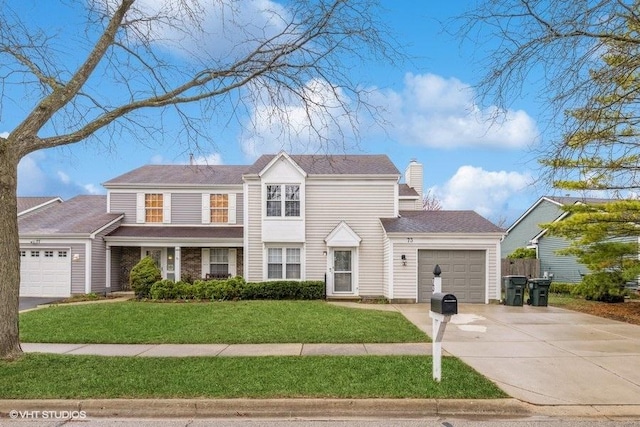 view of front of home with concrete driveway, an attached garage, a chimney, and a front yard