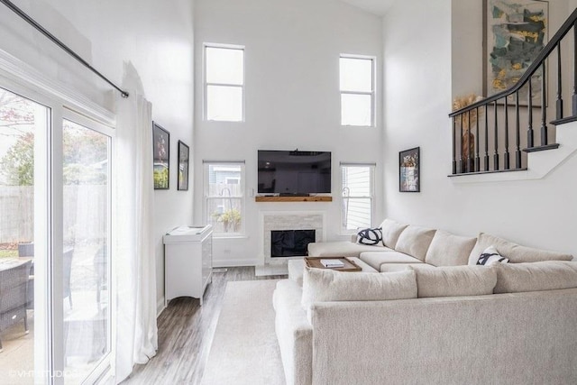 living room featuring a high ceiling, a healthy amount of sunlight, and wood finished floors