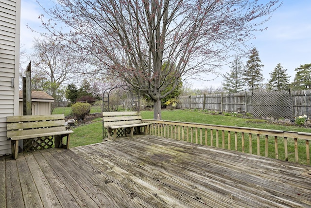 wooden deck with a fenced backyard and a yard