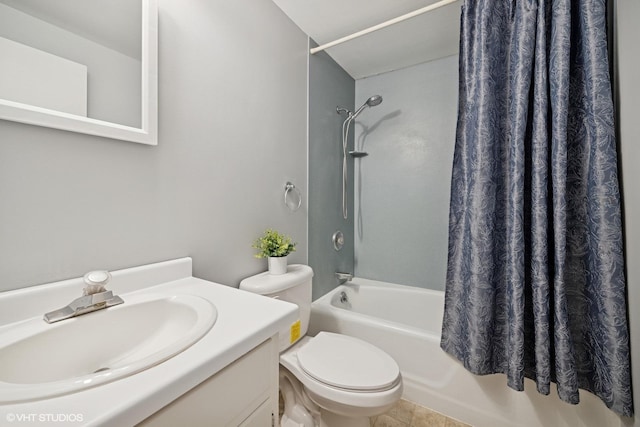 bathroom featuring shower / bath combo with shower curtain, toilet, tile patterned floors, and vanity