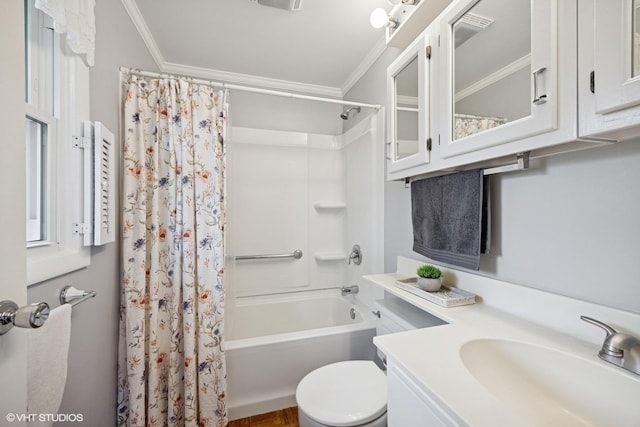 full bathroom featuring crown molding, toilet, shower / bath combo, and vanity