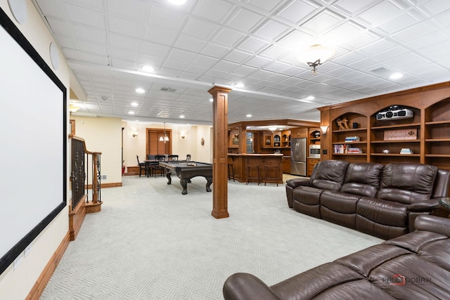 living room with recessed lighting, ornate columns, billiards, baseboards, and carpet flooring
