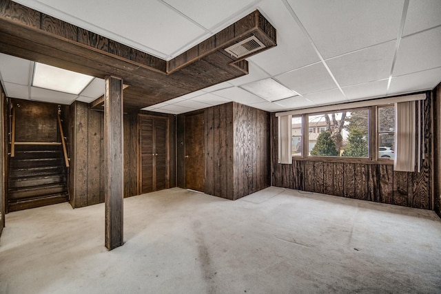 16157 Ozark Ave, Tinley Park, IL 60477 - below grade area featuring wooden walls, carpet, stairs, and a drop ceiling