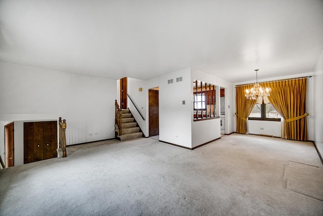 16157 Ozark Ave, Tinley Park, IL 60477 - unfurnished living room with a chandelier, carpet, visible vents, and stairway