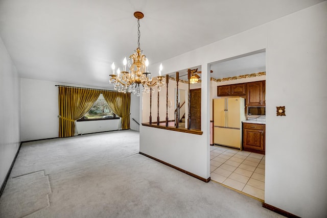 16157 Ozark Ave, Tinley Park, IL 60477 - unfurnished dining area featuring light tile patterned floors, light carpet, a notable chandelier, and baseboards