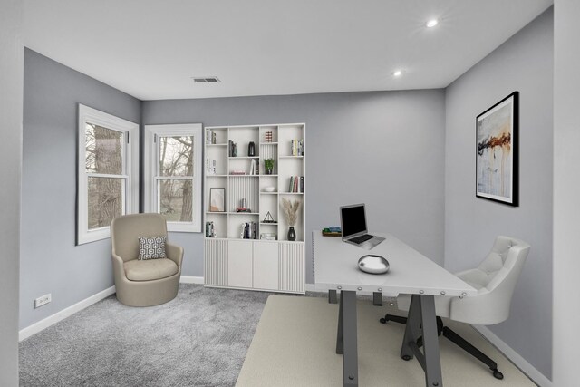 home office with visible vents, recessed lighting, carpet, and baseboards