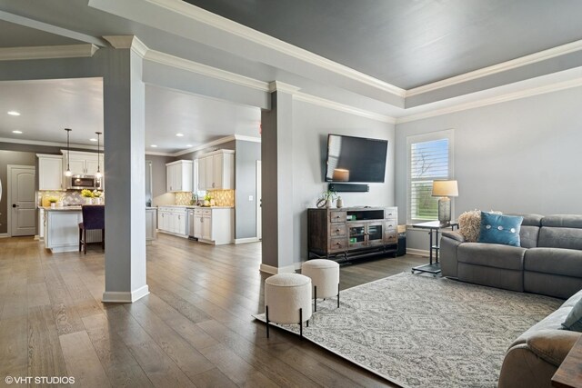 32 E Peter Ln, Hawthorn Woods, IL 60047 - living area featuring dark wood-type flooring, crown molding, a tray ceiling, and recessed lighting