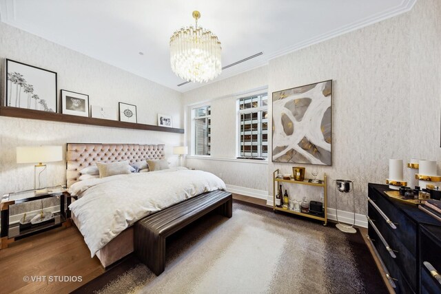 435 N Michigan Ave Unit 401, Chicago, IL 60611 - bedroom with a notable chandelier, wood finished floors, crown molding, and wallpapered walls