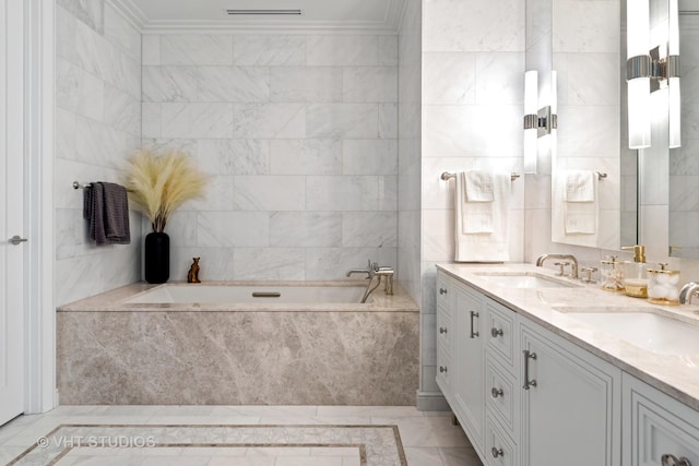435 N Michigan Ave Unit 401, Chicago, IL 60611 - full bath with double vanity, a garden tub, tile walls, and a sink