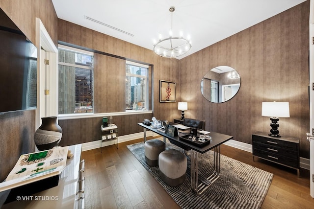 435 N Michigan Ave Unit 401, Chicago, IL 60611 - home office featuring hardwood / wood-style flooring, baseboards, and a chandelier