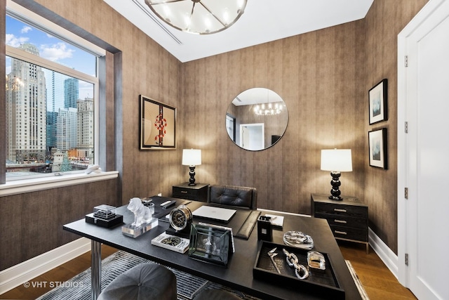 435 N Michigan Ave Unit 401, Chicago, IL 60611 - office area with a city view, wood finished floors, and a chandelier