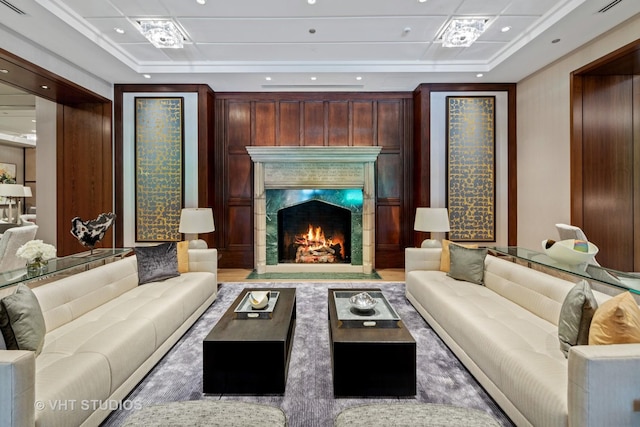 435 N Michigan Ave Unit 401, Chicago, IL 60611 - living area featuring a premium fireplace, recessed lighting, and a raised ceiling
