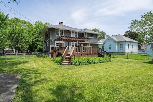 316 E Pierce St, Pontiac, IL 61764 - rear view of property with a pergola, a deck, stairway, and a chimney