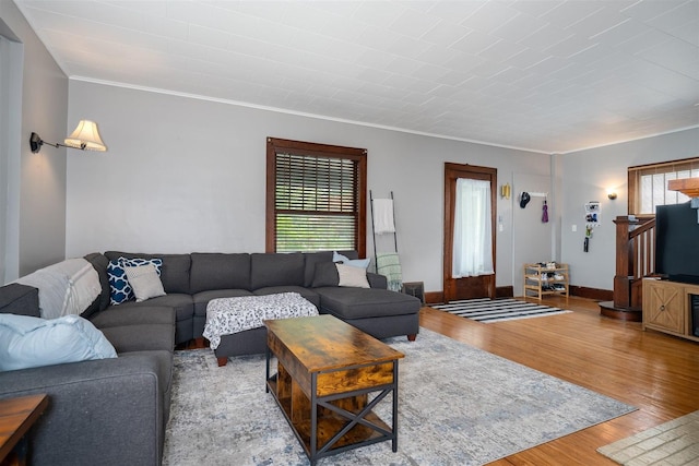 316 E Pierce St, Pontiac, IL 61764 - living room featuring crown molding, wood finished floors, and baseboards