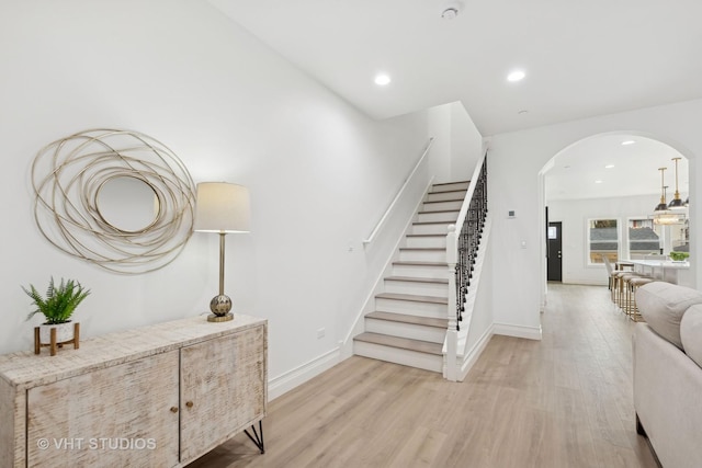 534 S Harvey Ave, Oak Park, IL 60304 - stairs featuring arched walkways, wood finished floors, recessed lighting, and baseboards