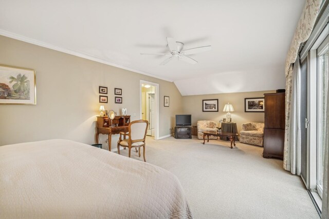 bedroom featuring light carpet, vaulted ceiling, baseboards, a ceiling fan, and ornamental molding