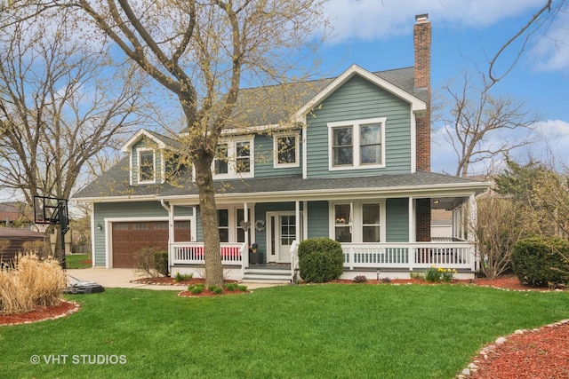 23114 W N Lakewood Ln, Lake Zurich, IL 60047 - view of front of house with a porch, a chimney, a front lawn, and a garage