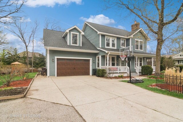 23114 W N Lakewood Ln, Lake Zurich, IL 60047 - view of front facade with covered porch, concrete driveway, a chimney, roof with shingles, and fence