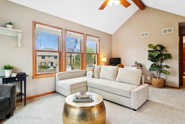 23114 W N Lakewood Ln, Lake Zurich, IL 60047 - carpeted living area with beamed ceiling, ceiling fan, baseboards, and high vaulted ceiling