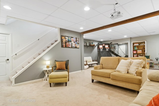 23114 W N Lakewood Ln, Lake Zurich, IL 60047 - carpeted living area featuring stairway, recessed lighting, baseboards, and a drop ceiling