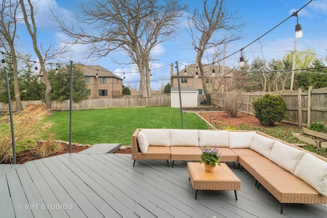 23114 W N Lakewood Ln, Lake Zurich, IL 60047 - deck featuring an outdoor living space, a shed, and an outbuilding