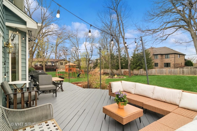 23114 W N Lakewood Ln, Lake Zurich, IL 60047 - wooden deck with an outdoor living space, a playground, and outdoor dining area